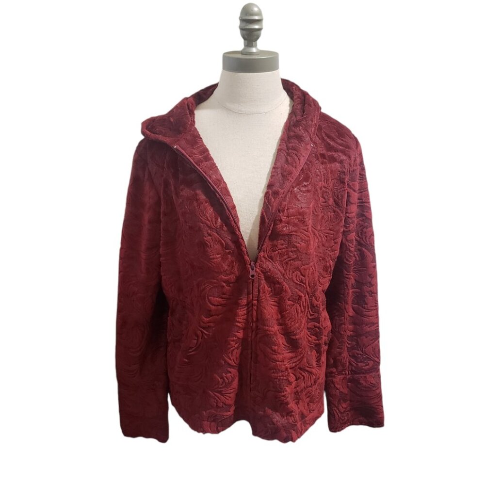 CT1932 Ethyl Red Faux Fur Floral Zip Front Hoodie M